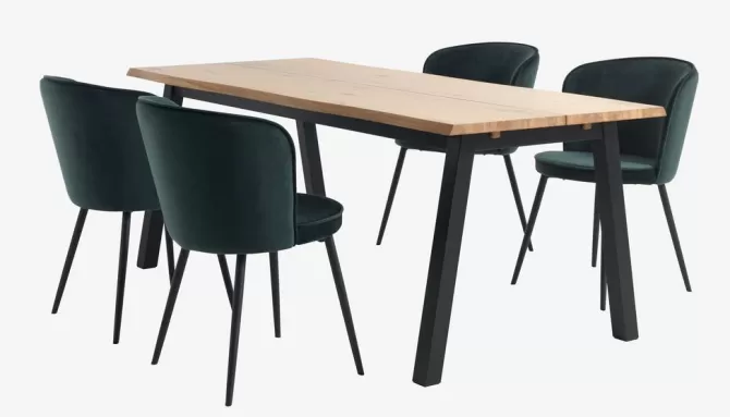 Sale SKOVLUNDE L200 bord lys eg + 4 RISSKOV stole mørkegrøn Spisebordssæt