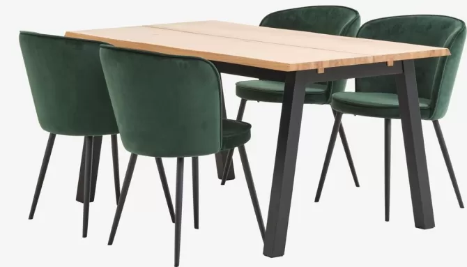 Clearance SKOVLUNDE L160 bord lys eg + 4 RISSKOV stole mørkegrøn Spisebordssæt