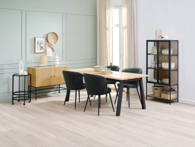 Sale SKOVLUNDE L200 bord lys eg + 4 RISSKOV stole mørkegrøn Spisebordssæt