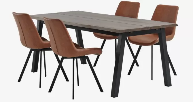 Online SKOVLUNDE L200 bord mørk eg + 4 HYGUM stole cognac Spisebordssæt