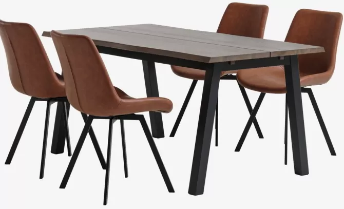 Discount SKOVLUNDE L160 bord mørk eg + 4 HYGUM stole cognac Spisebordssæt