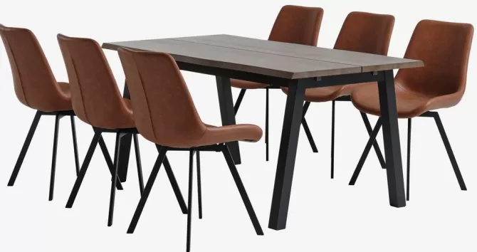 Discount SKOVLUNDE L160 bord mørk eg + 4 HYGUM stole cognac Spisebordssæt