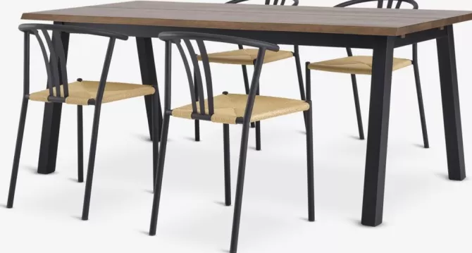 Sale SKOVLUNDE L200 bord mørk eg + 4 JYDERUP sort/natur Spisebordssæt