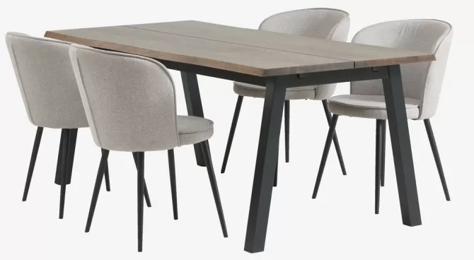 Outlet SKOVLUNDE L200 bord mørk eg + 4 RISSKOV stole lysegrå Spisebordssæt