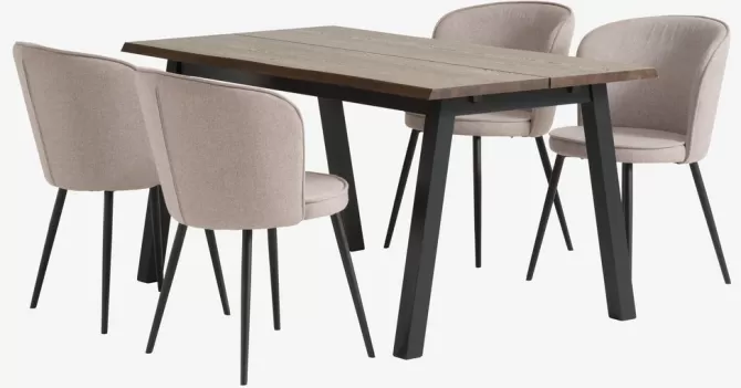 Clearance SKOVLUNDE L160 bord mørk eg + 4 RISSKOV stole lysegrå Spisebordssæt