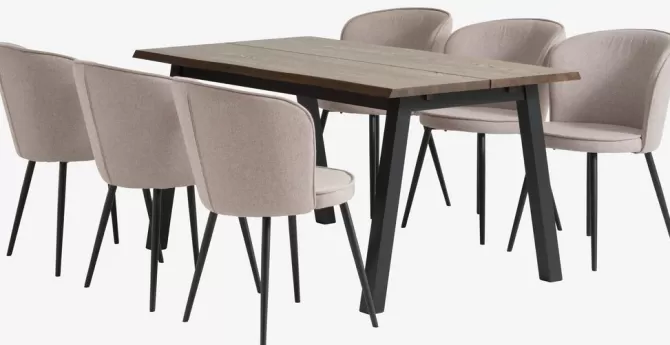 Clearance SKOVLUNDE L160 bord mørk eg + 4 RISSKOV stole lysegrå Spisebordssæt