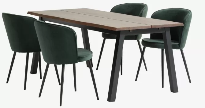 Fashion SKOVLUNDE L200 bord mørk eg + 4 RISSKOV stole mørkegrøn Spisebordssæt