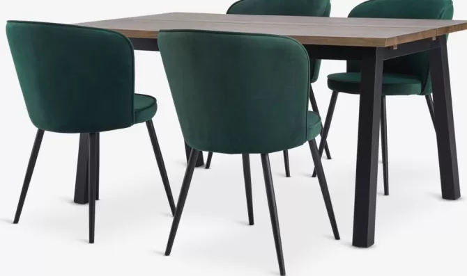 Sale SKOVLUNDE L160 bord mørk eg + 4 RISSKOV stole mørkegrøn Spisebordssæt