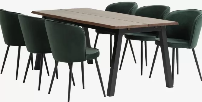 Fashion SKOVLUNDE L200 bord mørk eg + 4 RISSKOV stole mørkegrøn Spisebordssæt