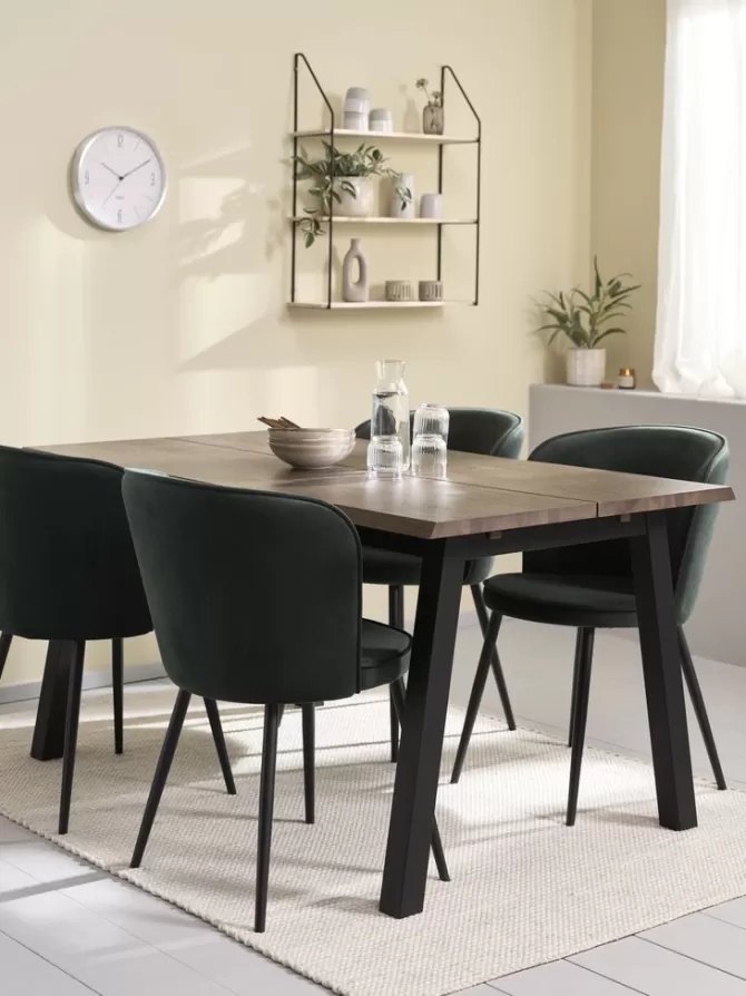 Sale SKOVLUNDE L160 bord mørk eg + 4 RISSKOV stole mørkegrøn Spisebordssæt