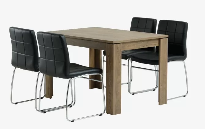 Discount VEDDE L120 bord vild eg + 4 HAMMEL stole sort Spisebordssæt