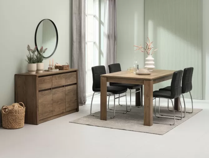 Best VEDDE L160 bord vild eg + 4 HAMMEL stole sort Spisebordssæt