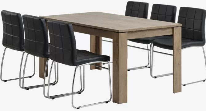 Best VEDDE L160 bord vild eg + 4 HAMMEL stole sort Spisebordssæt