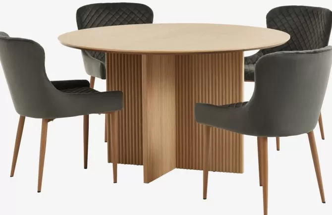 Sale VESTERBORG Ø130 bord eg + 4 PEBRINGE stole grå velour Spisebordssæt