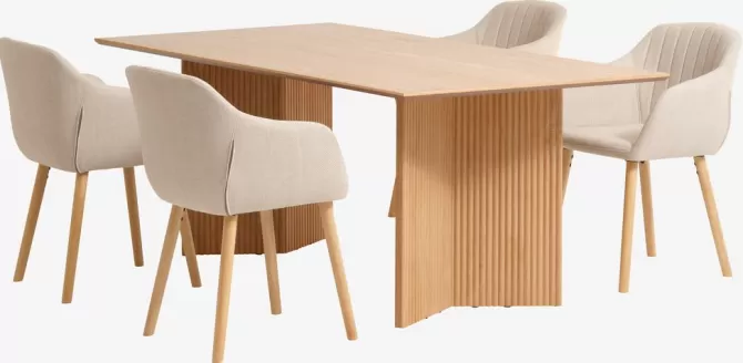 Store VESTERBORG L200 bord eg + 4 ADSLEV stole beige Spisebordssæt