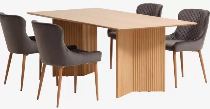 Flash Sale VESTERBORG L200 bord eg + 4 PEBRINGE stole grå velour Spisebordssæt