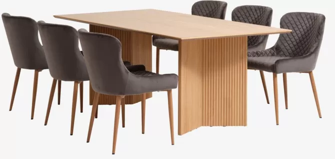 Flash Sale VESTERBORG L200 bord eg + 4 PEBRINGE stole grå velour Spisebordssæt